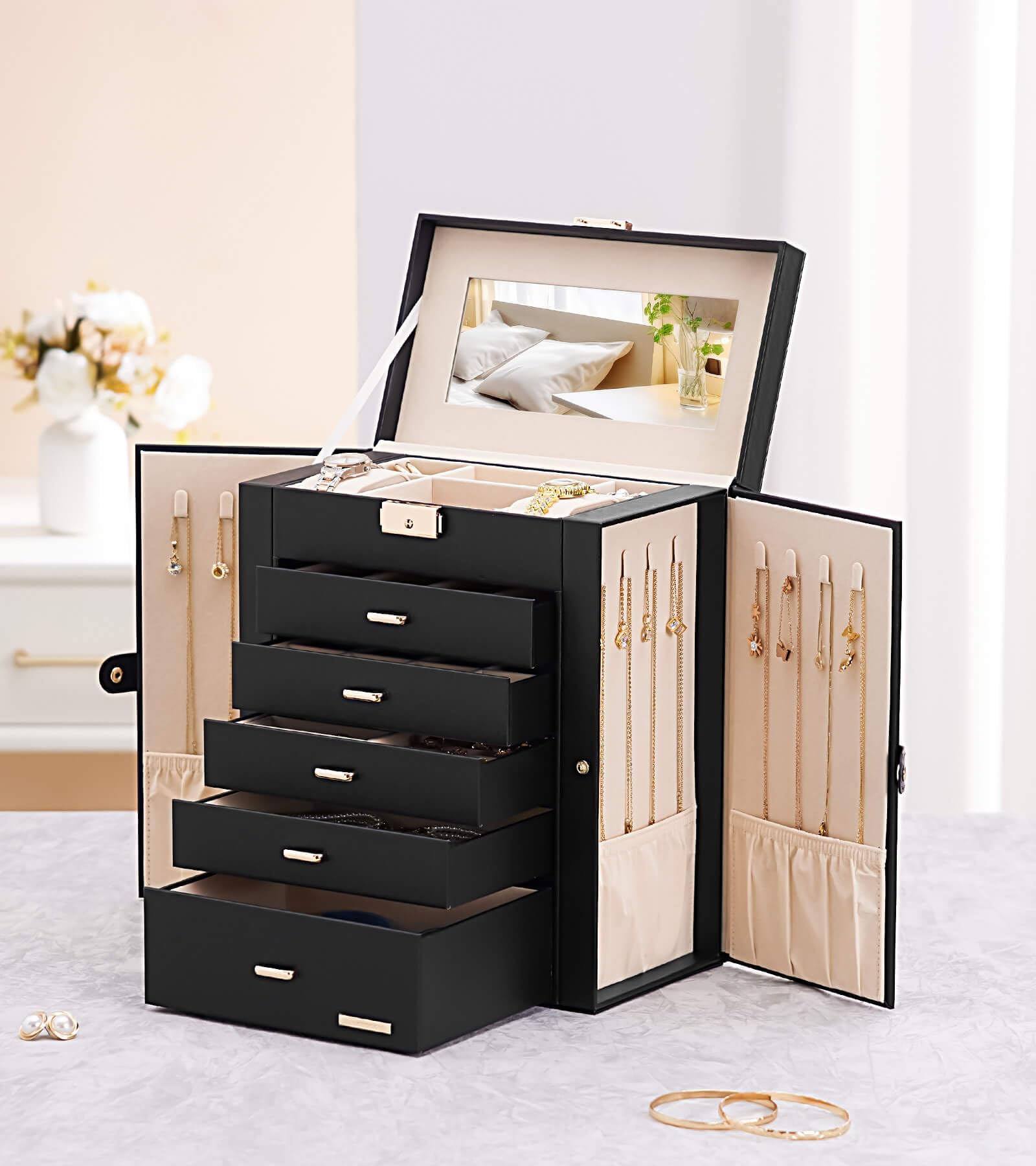 Homde Large Jewelry Box with 6 Layers, 5 Drawers, Mirror and Lock-Homde