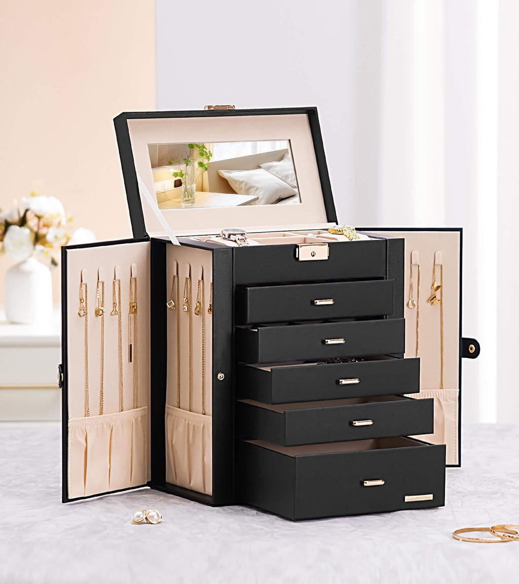 Homde Large Jewelry Box with 6 Layers, 5 Drawers, Mirror and Lock-Homde