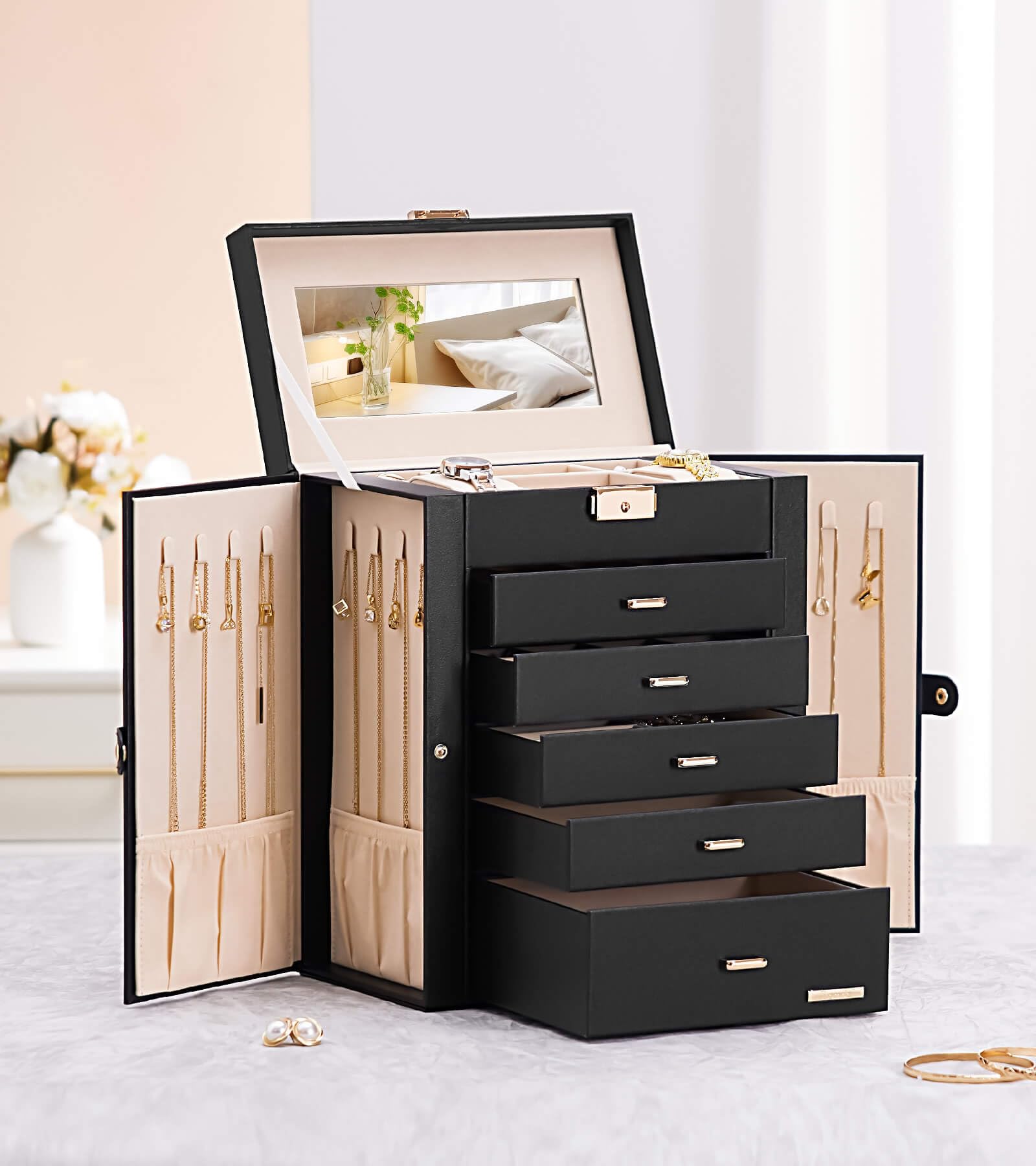 Homde Large Jewelry Box with 6 Layers, 5 Drawers, Mirror and Lock-Homde
