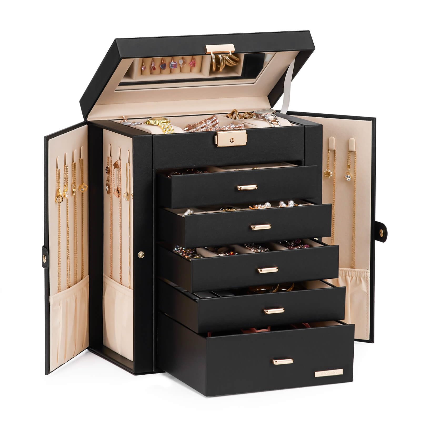 Homde Large Jewelry Box with 6 Layers, 5 Drawers, Mirror and Lock-Homde