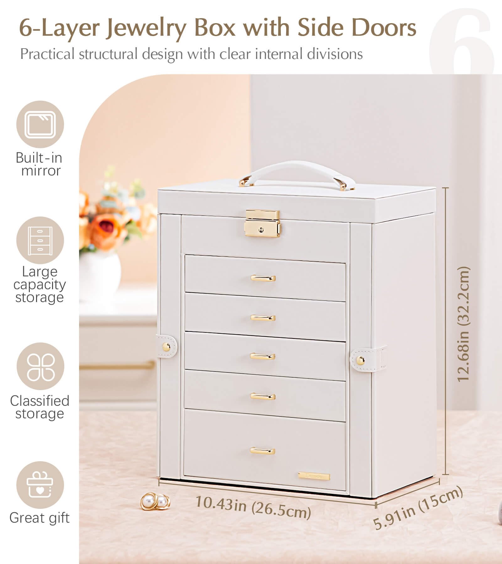 Homde Large Jewelry Box with 6 Layers, 5 Drawers, Mirror and Lock-Homde