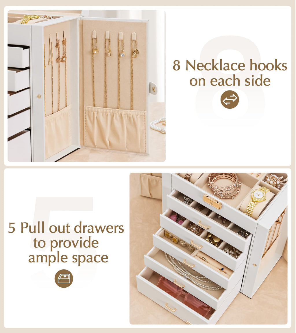 Homde Large Jewelry Box with 6 Layers, 5 Drawers, Mirror and Lock-Homde