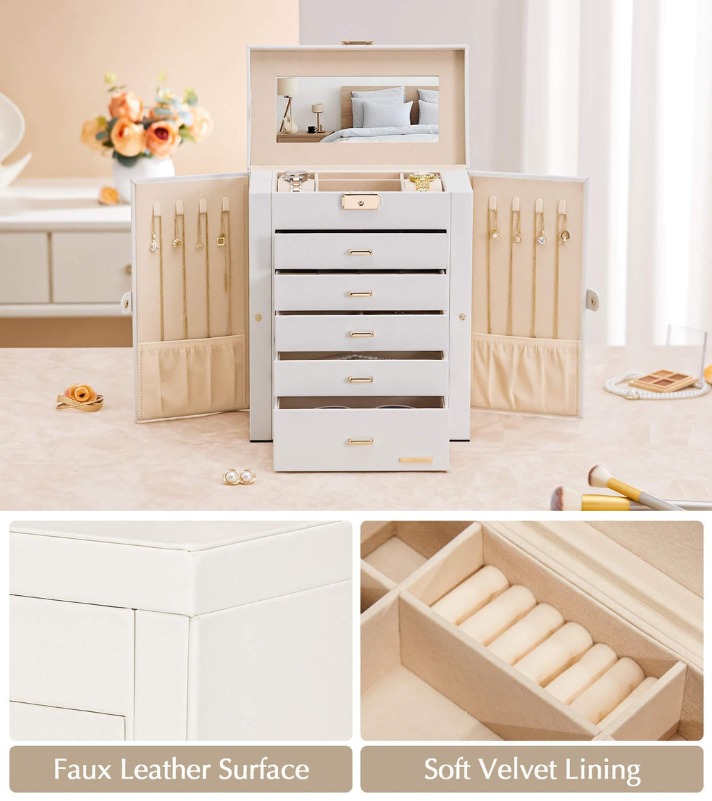 Homde Large Jewelry Box with 6 Layers, 5 Drawers, Mirror and Lock-Homde