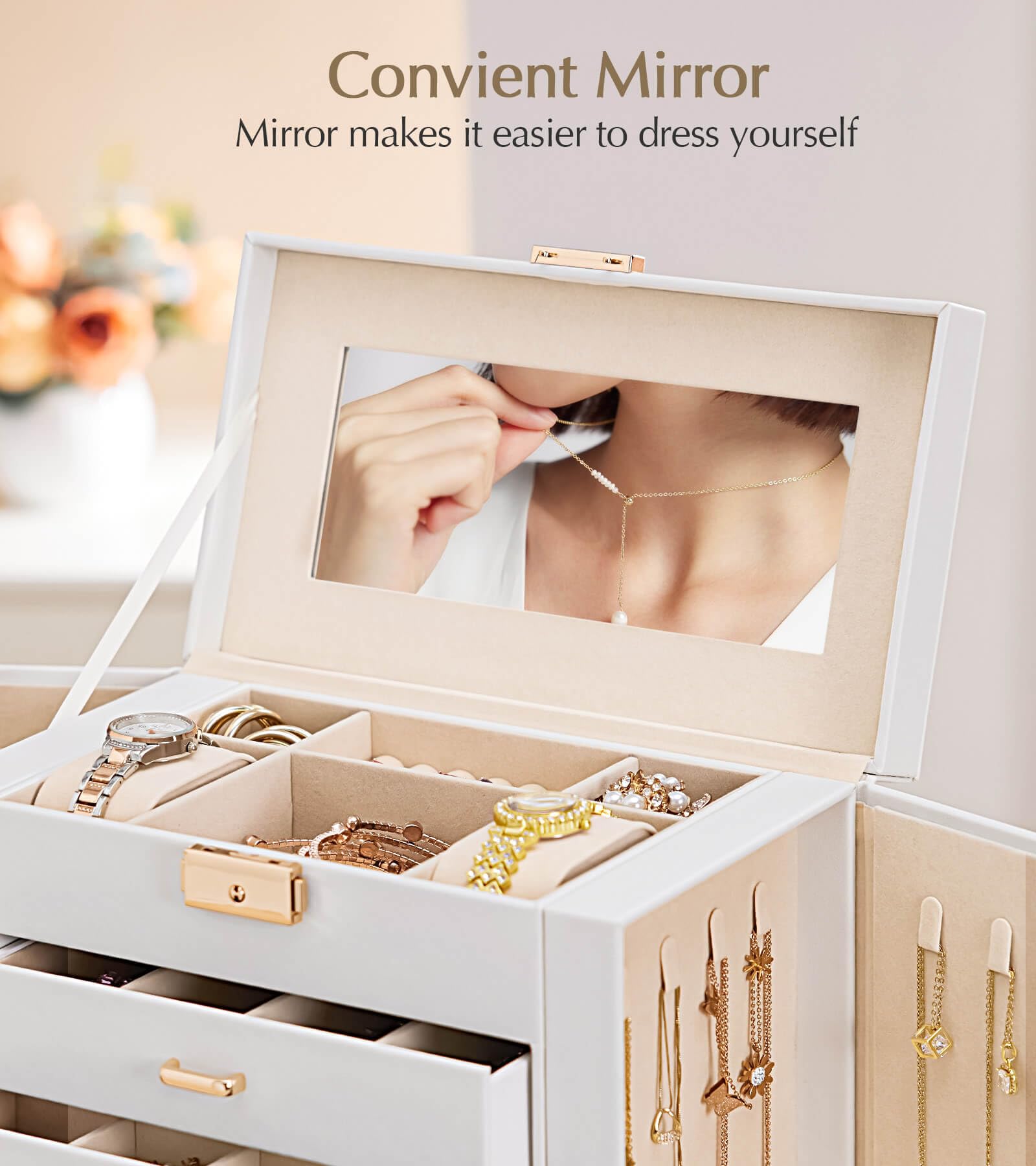 Homde Large Jewelry Box with 6 Layers, 5 Drawers, Mirror and Lock-Homde
