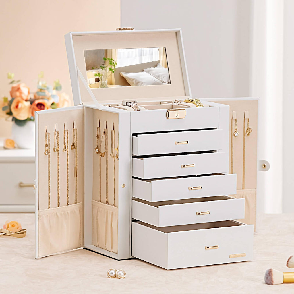 Homde Large Jewelry Box with 6 Layers, 5 Drawers, Mirror and Lock-Homde