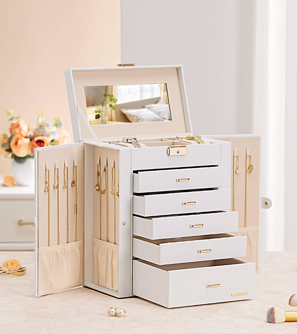 Homde Large Jewelry Box with 6 Layers, 5 Drawers, Mirror and Lock-Homde