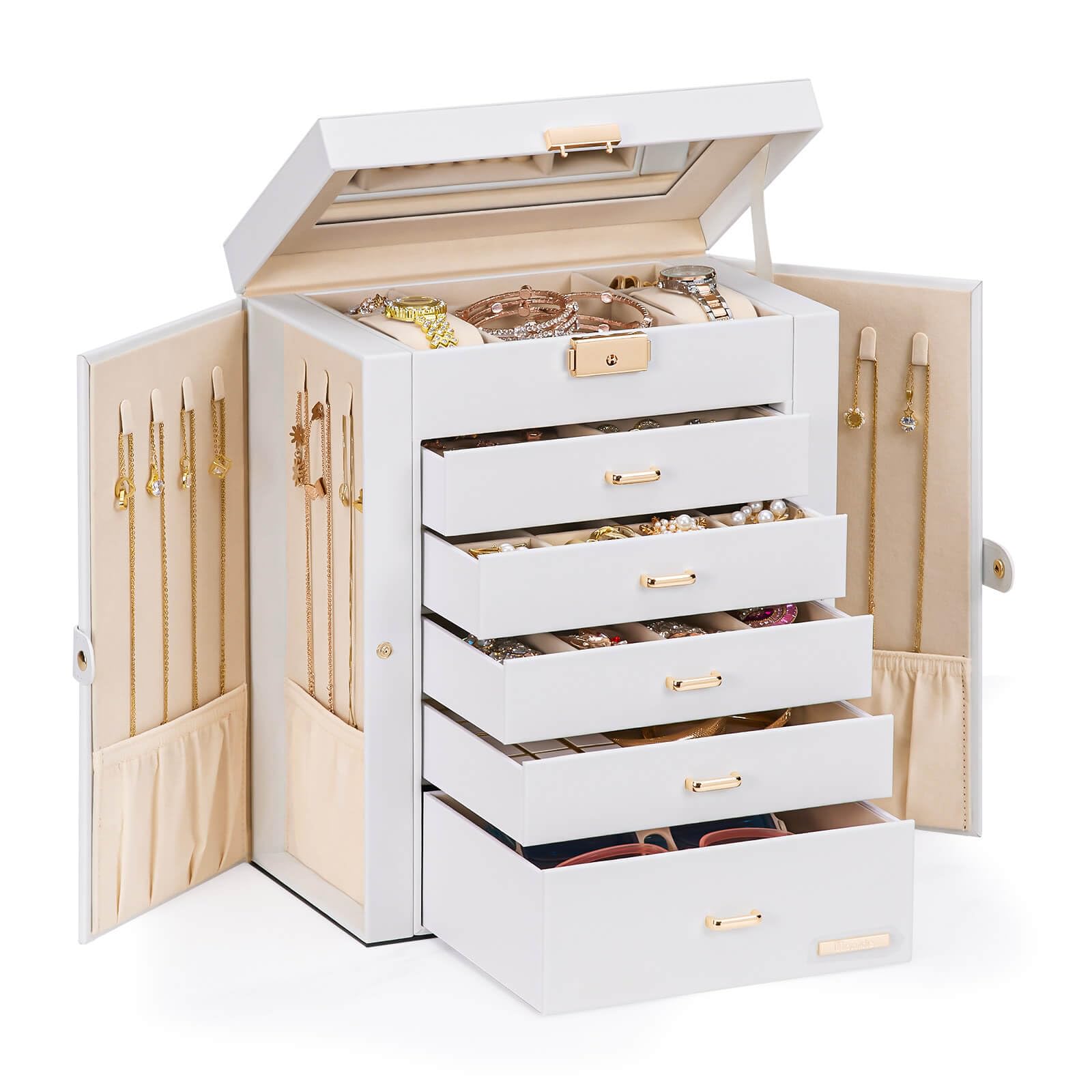Homde Large Jewelry Box with 6 Layers, 5 Drawers, Mirror and Lock-Homde