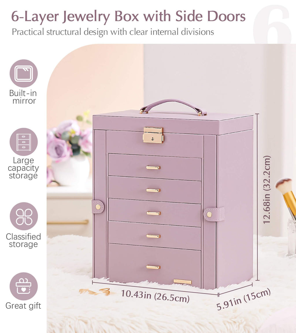 Homde Large Jewelry Box with 6 Layers, 5 Drawers, Mirror and Lock-Homde