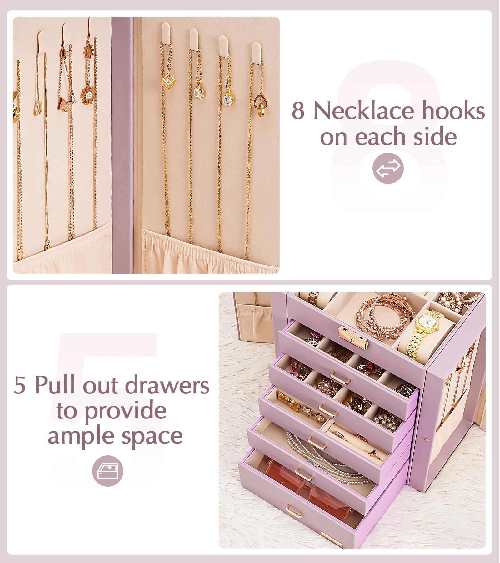 Homde Large Jewelry Box with 6 Layers, 5 Drawers, Mirror and Lock-Homde