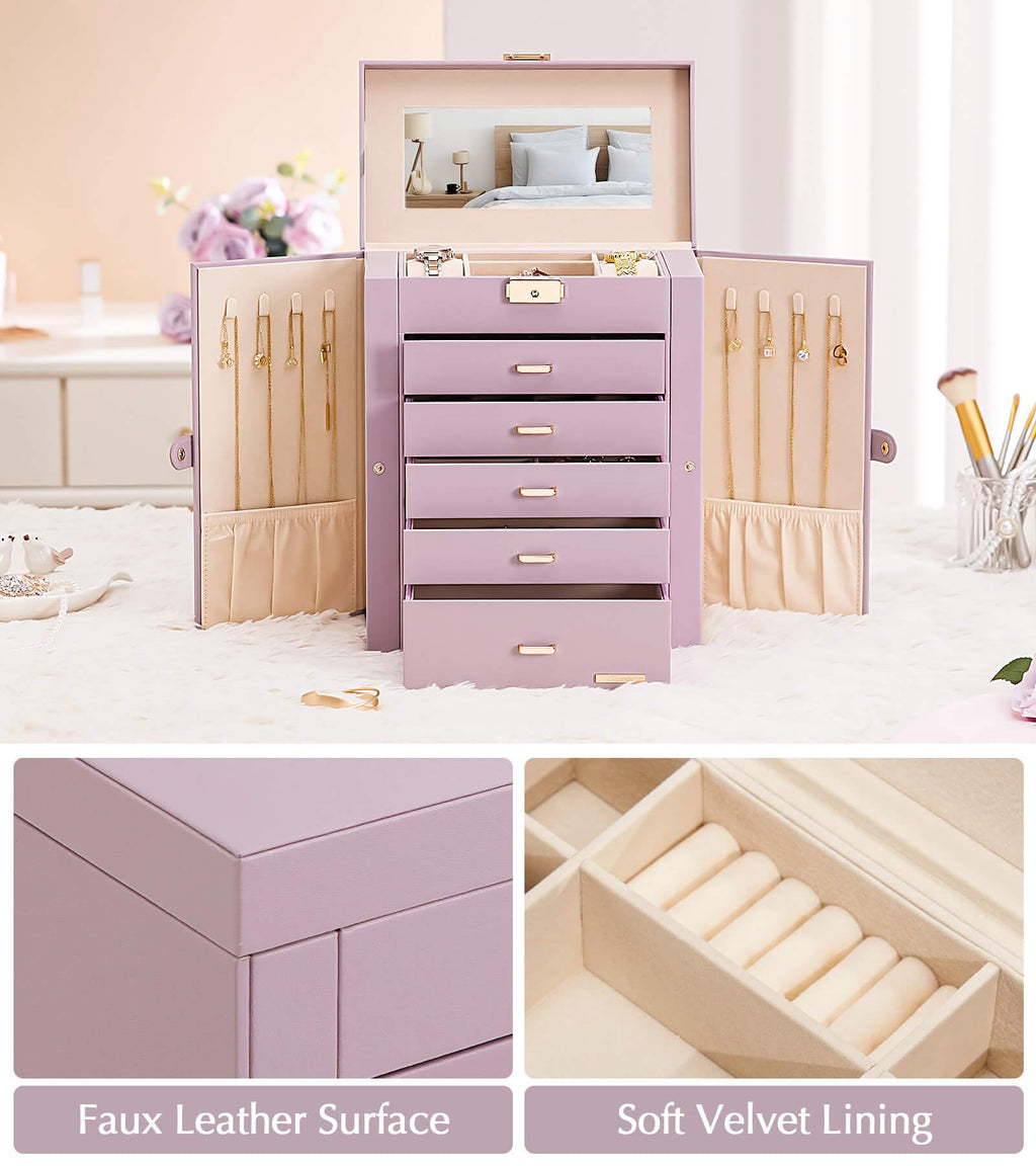 Homde Large Jewelry Box with 6 Layers, 5 Drawers, Mirror and Lock-Homde