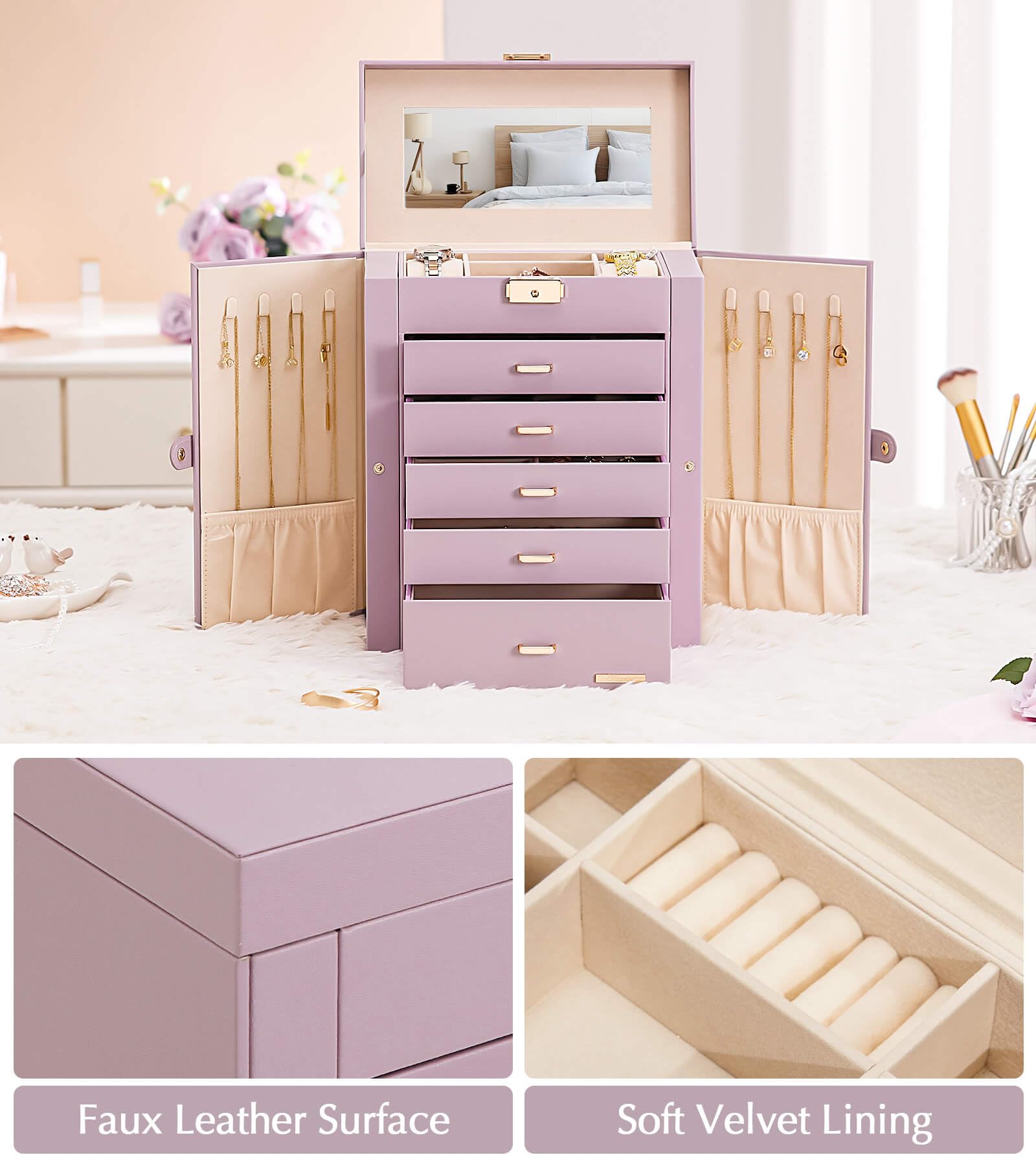 Homde Large Jewelry Box with 6 Layers, 5 Drawers, Mirror and Lock-Homde