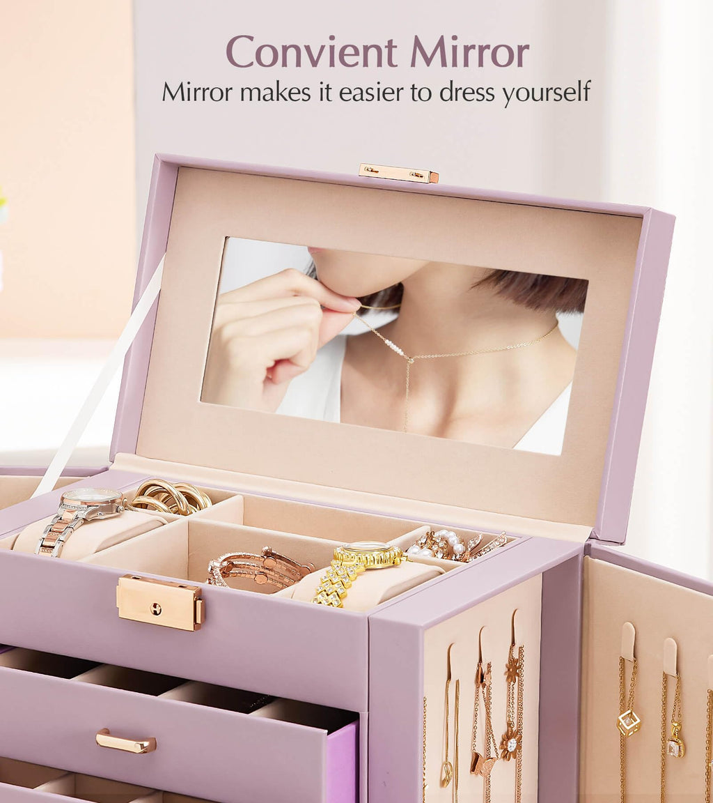 Homde Large Jewelry Box with 6 Layers, 5 Drawers, Mirror and Lock-Homde