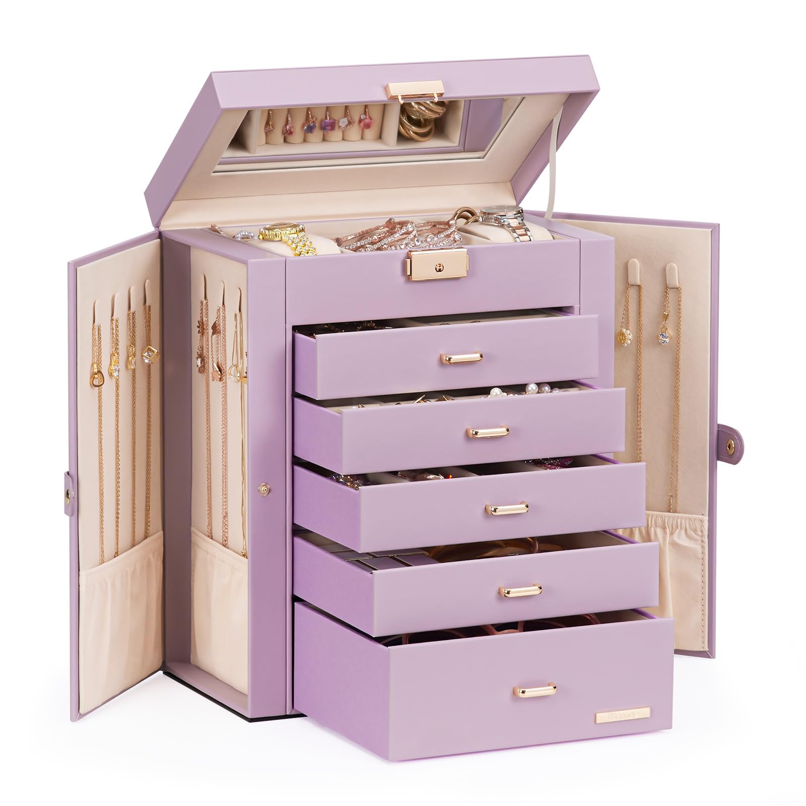 Homde Large Jewelry Box with 6 Layers, 5 Drawers, Mirror and Lock-Homde