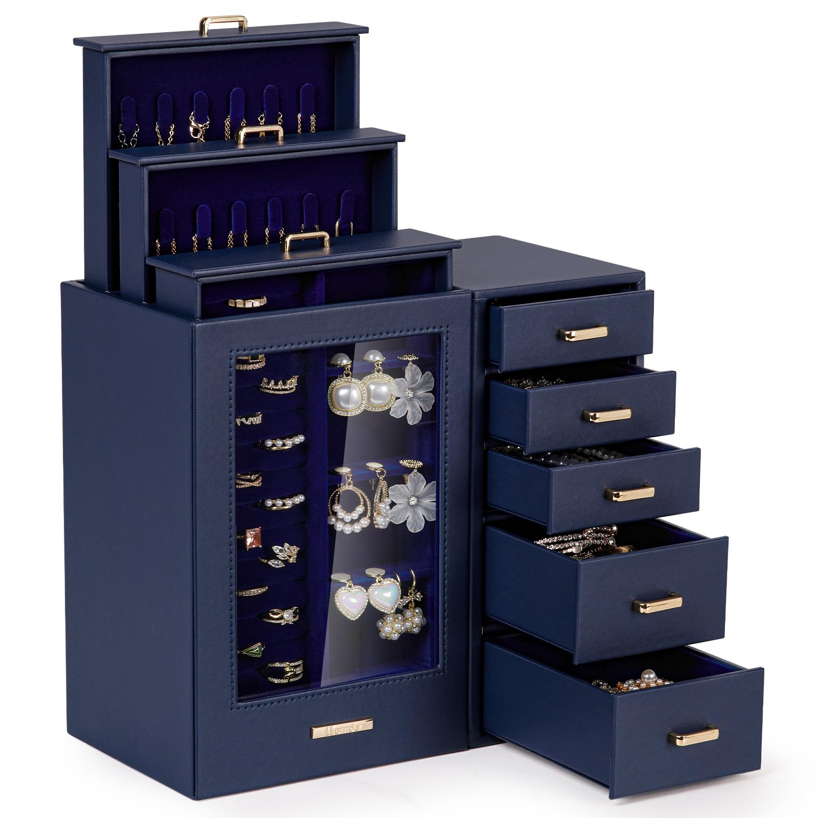 Homde Large Jewelry Box with Glass Window, Drawers and Necklace Hooks-Homde