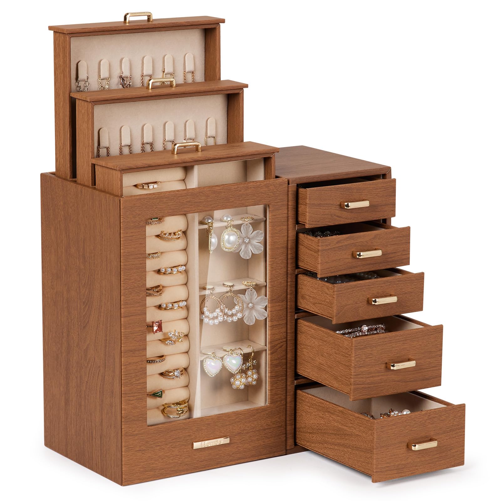 Homde Large Jewelry Box with Glass Window, Drawers and Necklace Hooks-Homde