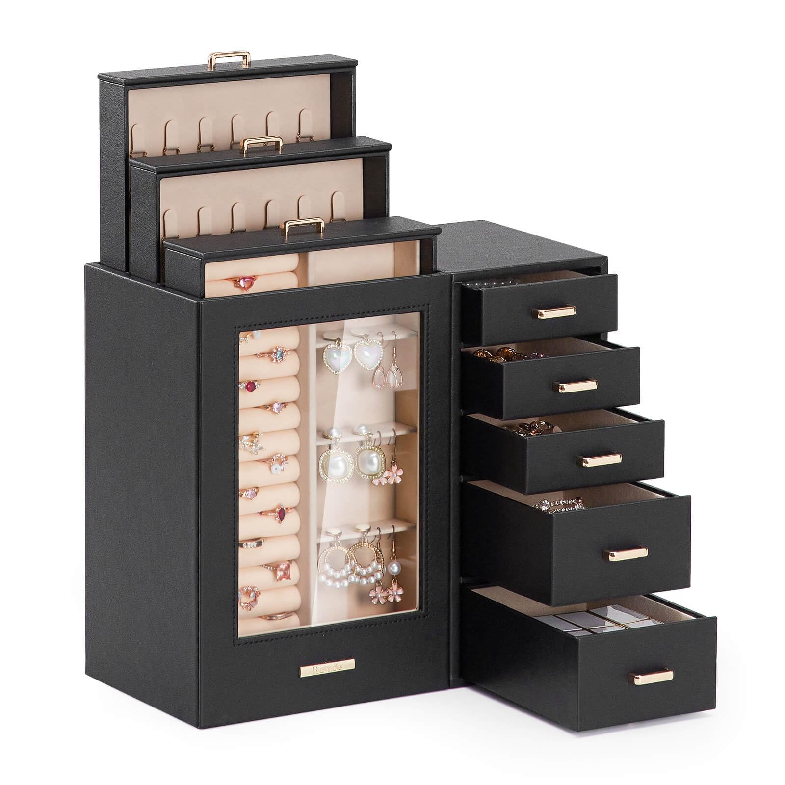 Homde Large Jewelry Box with Glass Window, Drawers and Necklace Hooks-Homde