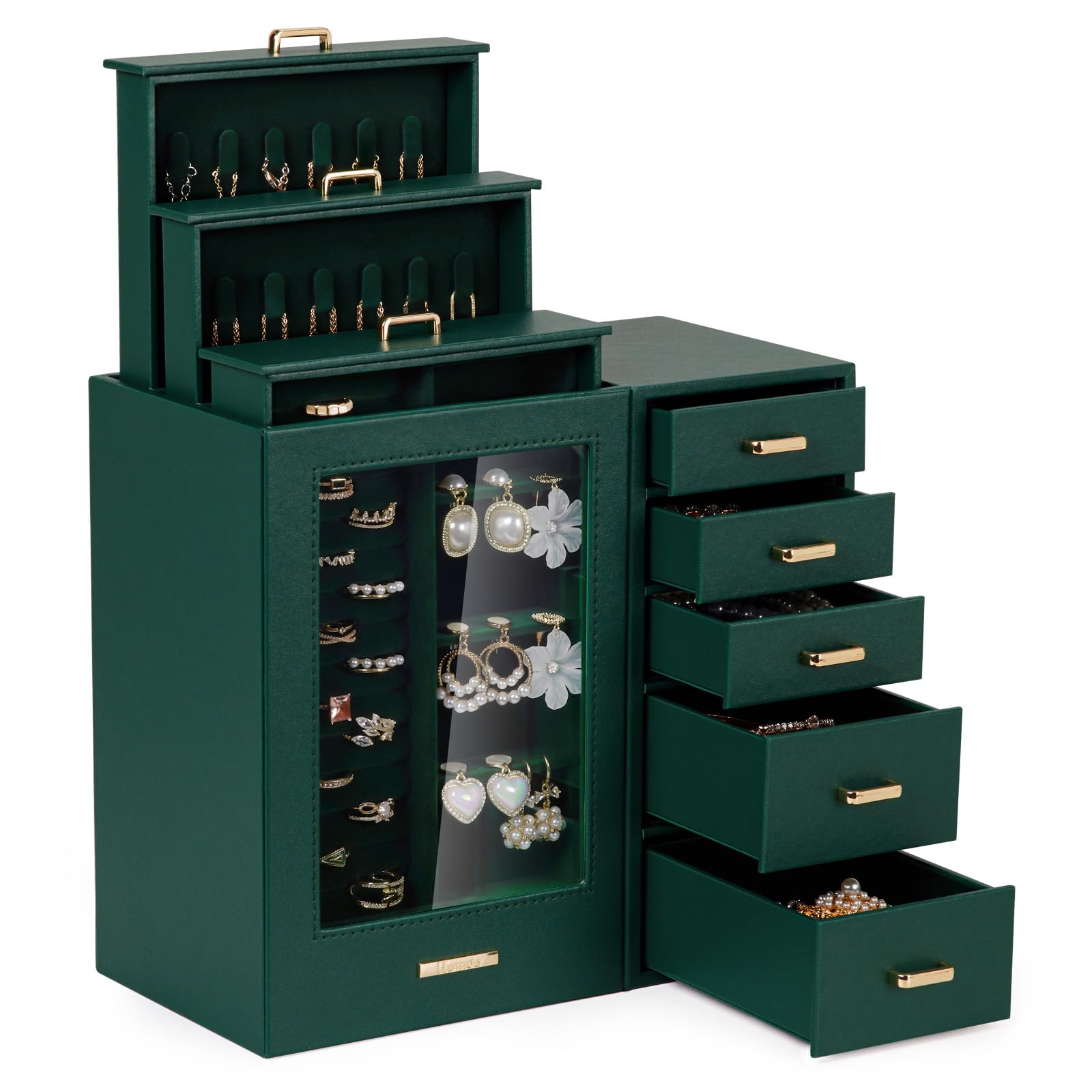 Homde Large Jewelry Box with Glass Window, Drawers and Necklace Hooks-Homde
