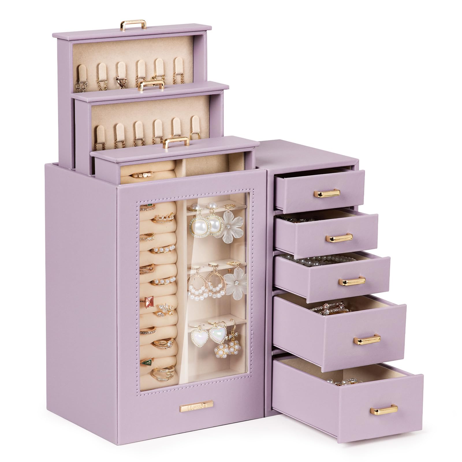 Homde Large Jewelry Box with Glass Window, Drawers and Necklace Hooks-Homde