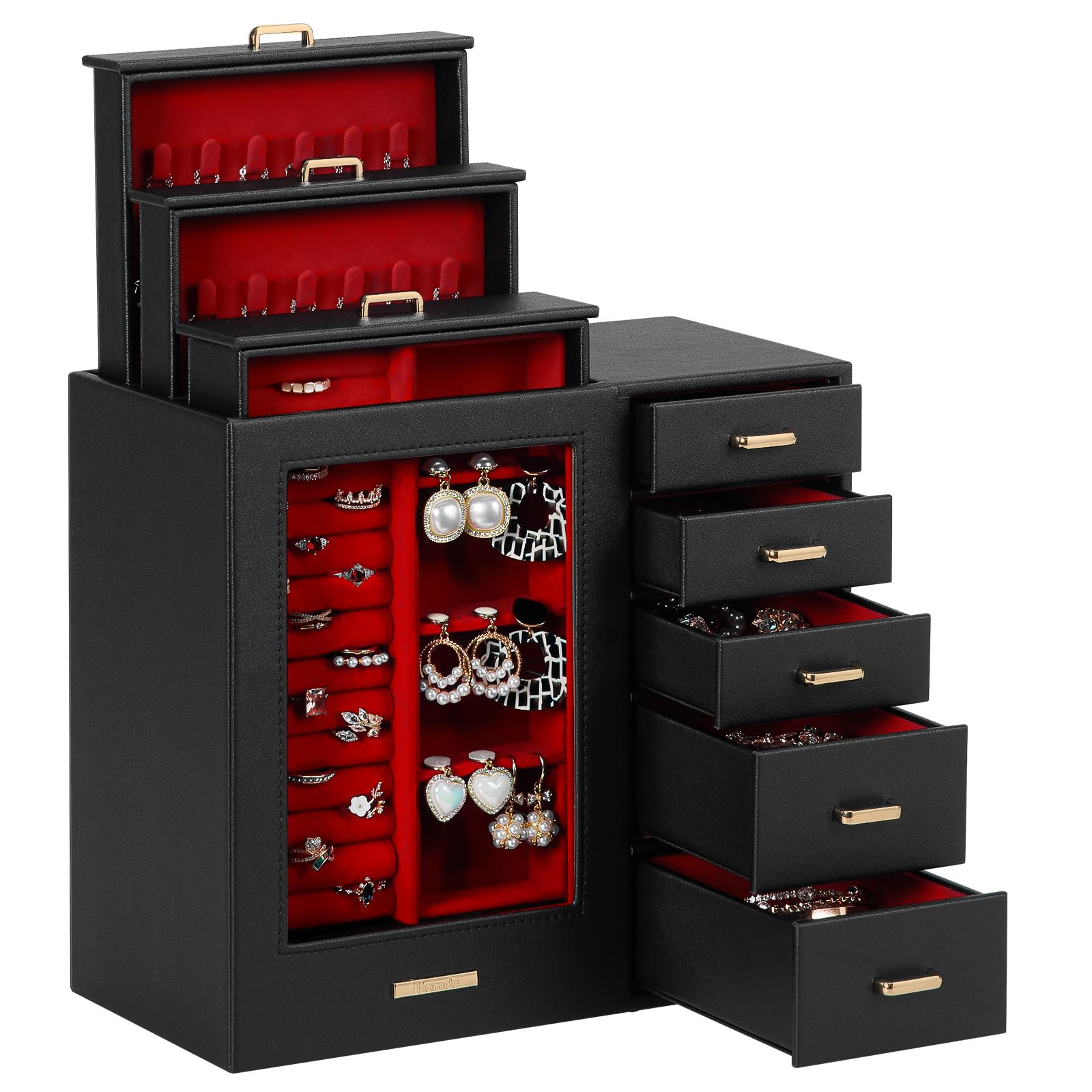 Homde Large Jewelry Box with Glass Window, Drawers and Necklace Hooks-Homde