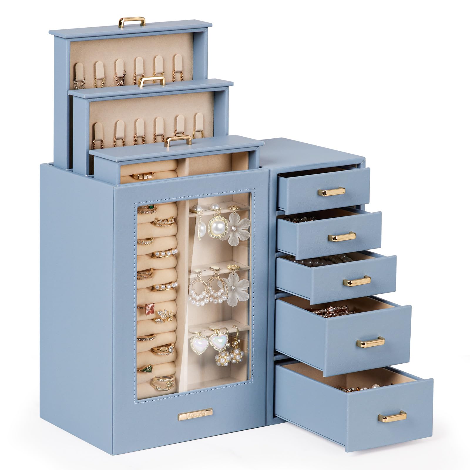 Homde Large Jewelry Box with Glass Window, Drawers and Necklace Hooks-Homde