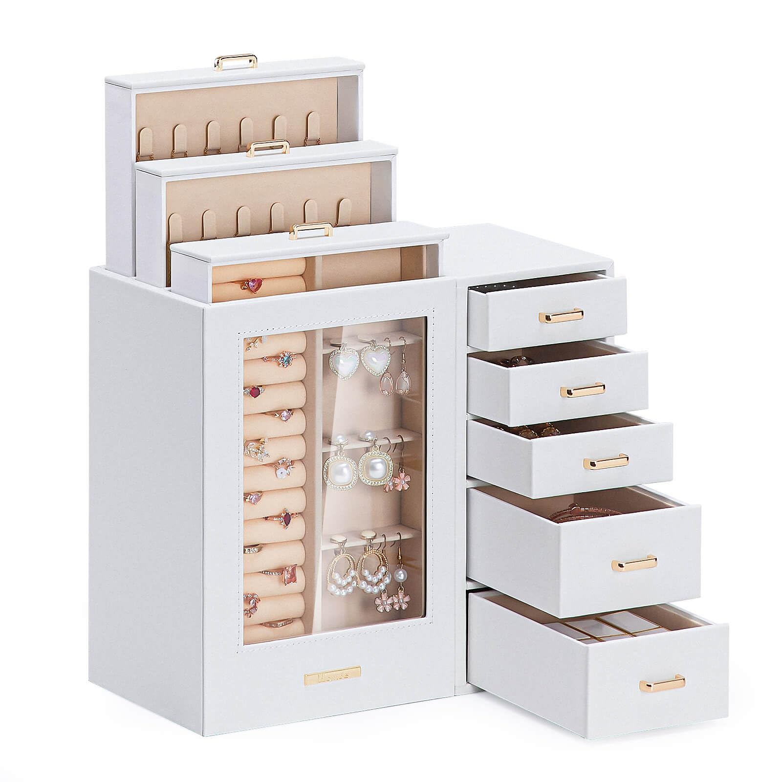 Homde Large Jewelry Box with Glass Window, Drawers and Necklace Hooks-Homde