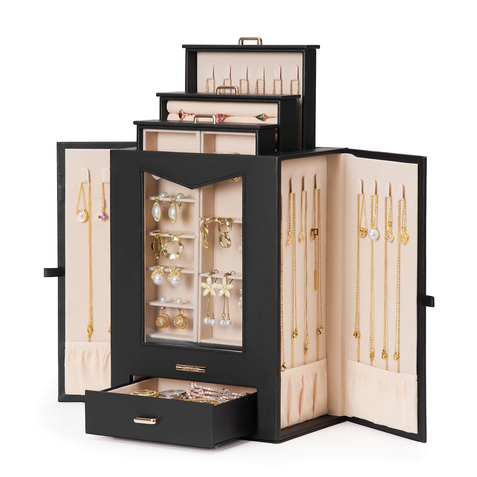 Homde Jewelry Organizer with Transparent Window, Drawers and Necklace Hooks-Homde
