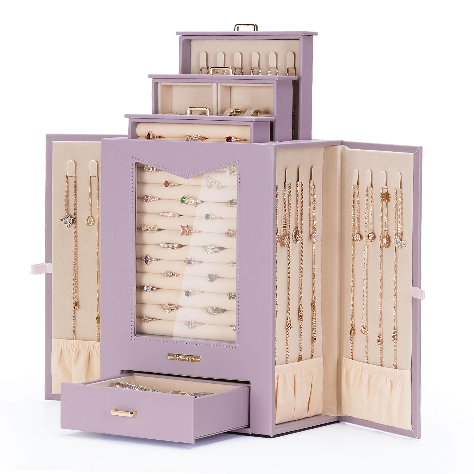 Homde Jewelry Organizer with Transparent Window, Drawers and Necklace Hooks-Homde