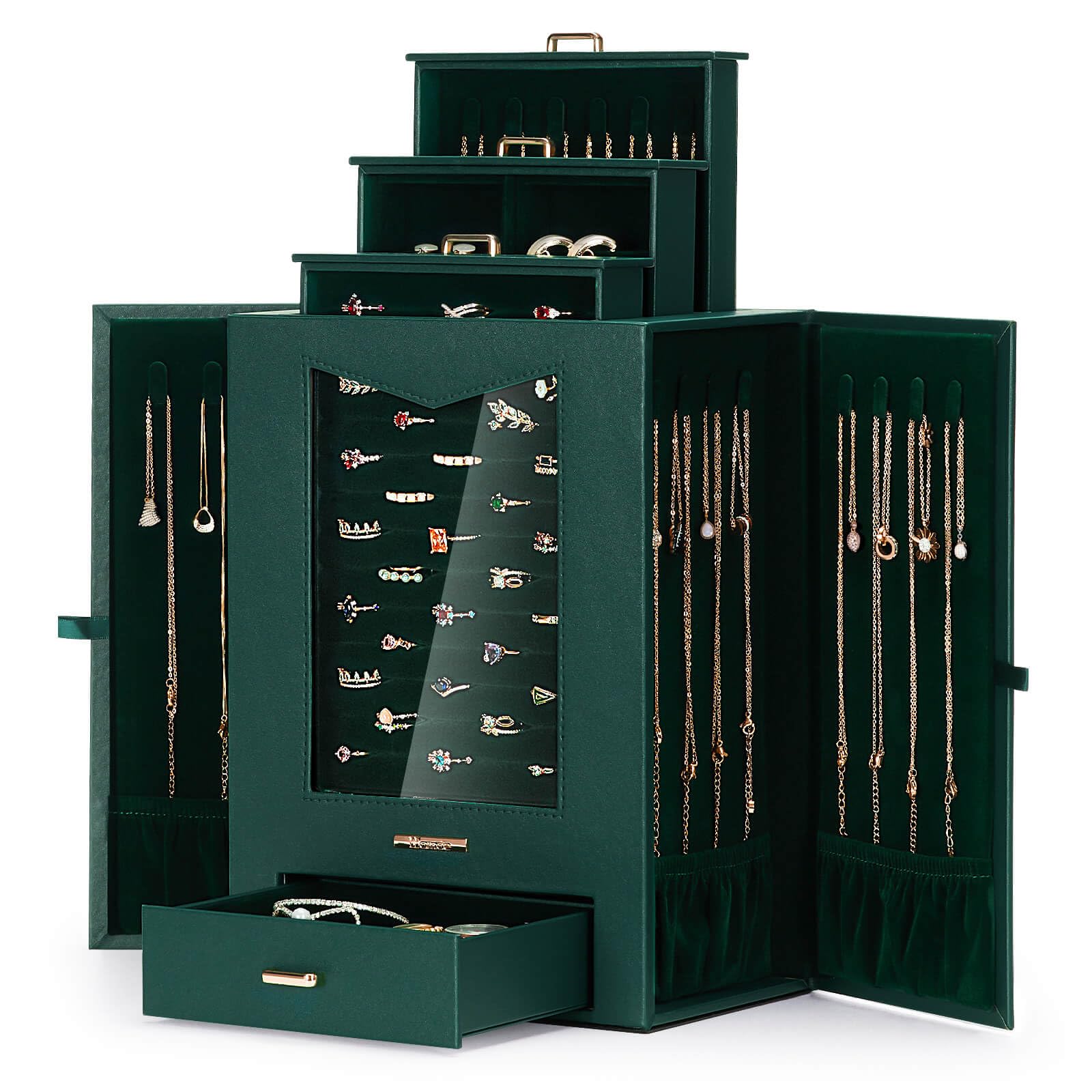 Homde Jewelry Organizer with Transparent Window, Drawers and Necklace Hooks-Homde