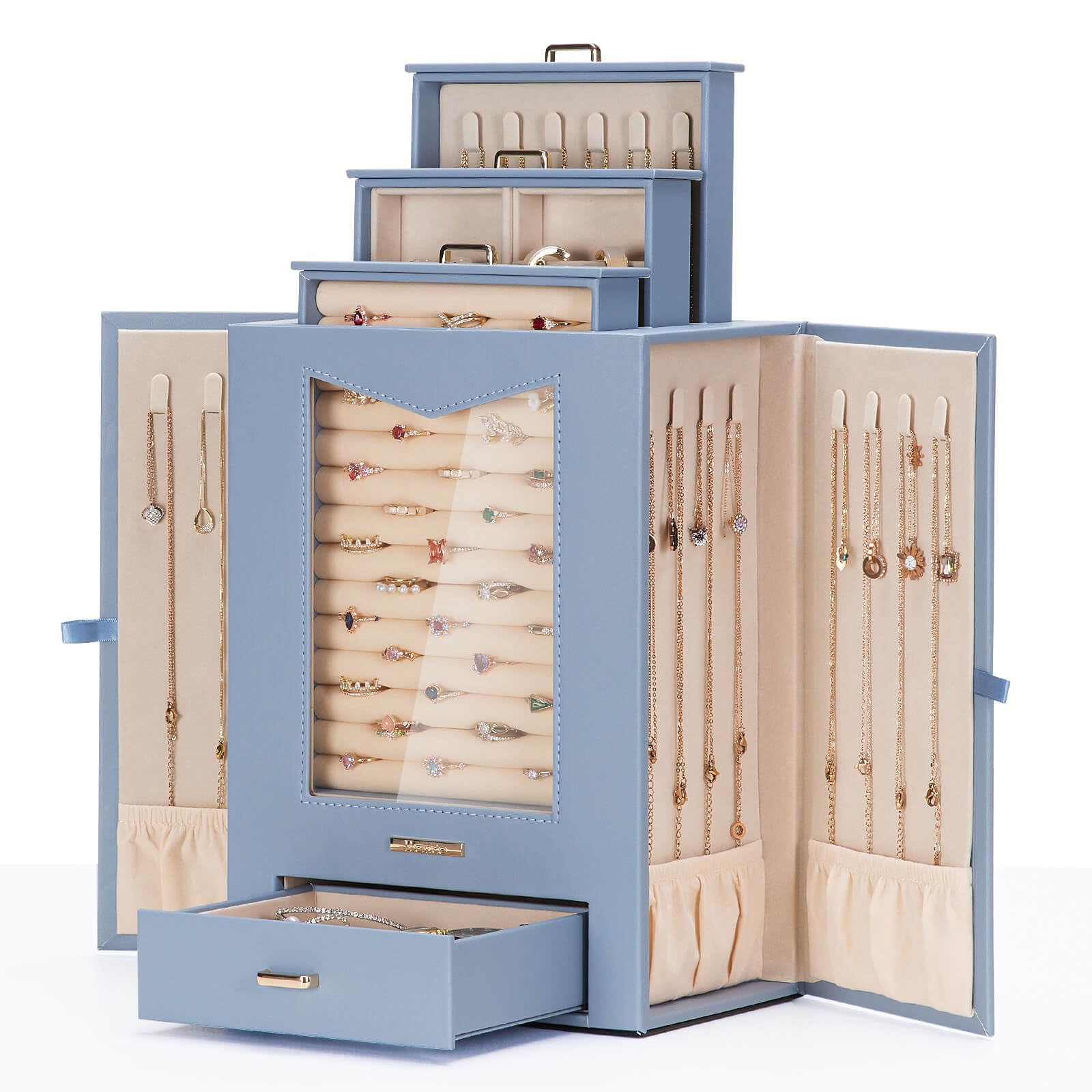 Homde Jewelry Organizer with Transparent Window, Drawers and Necklace Hooks-Homde