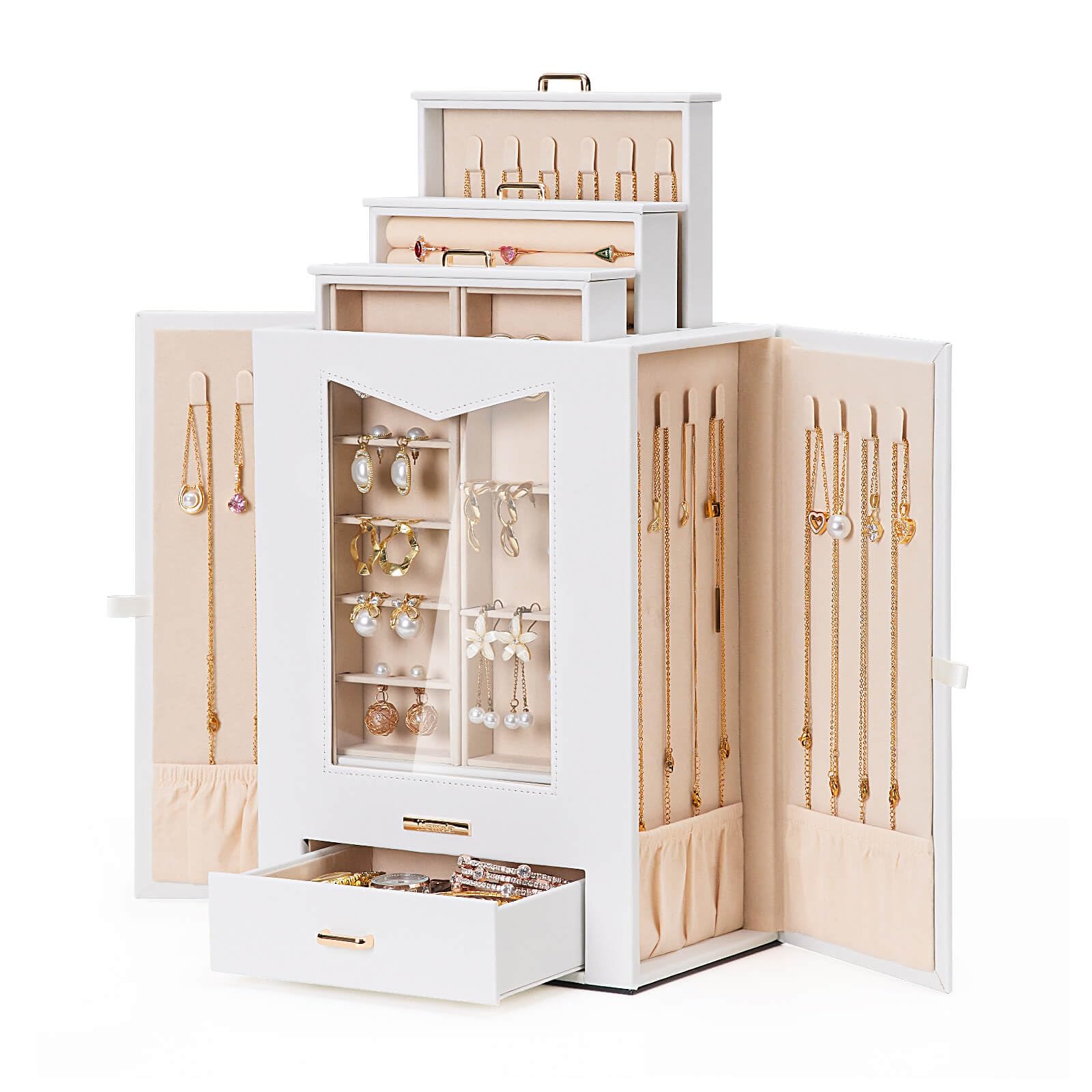 Homde Jewelry Organizer with Transparent Window, Drawers and Necklace Hooks-Homde