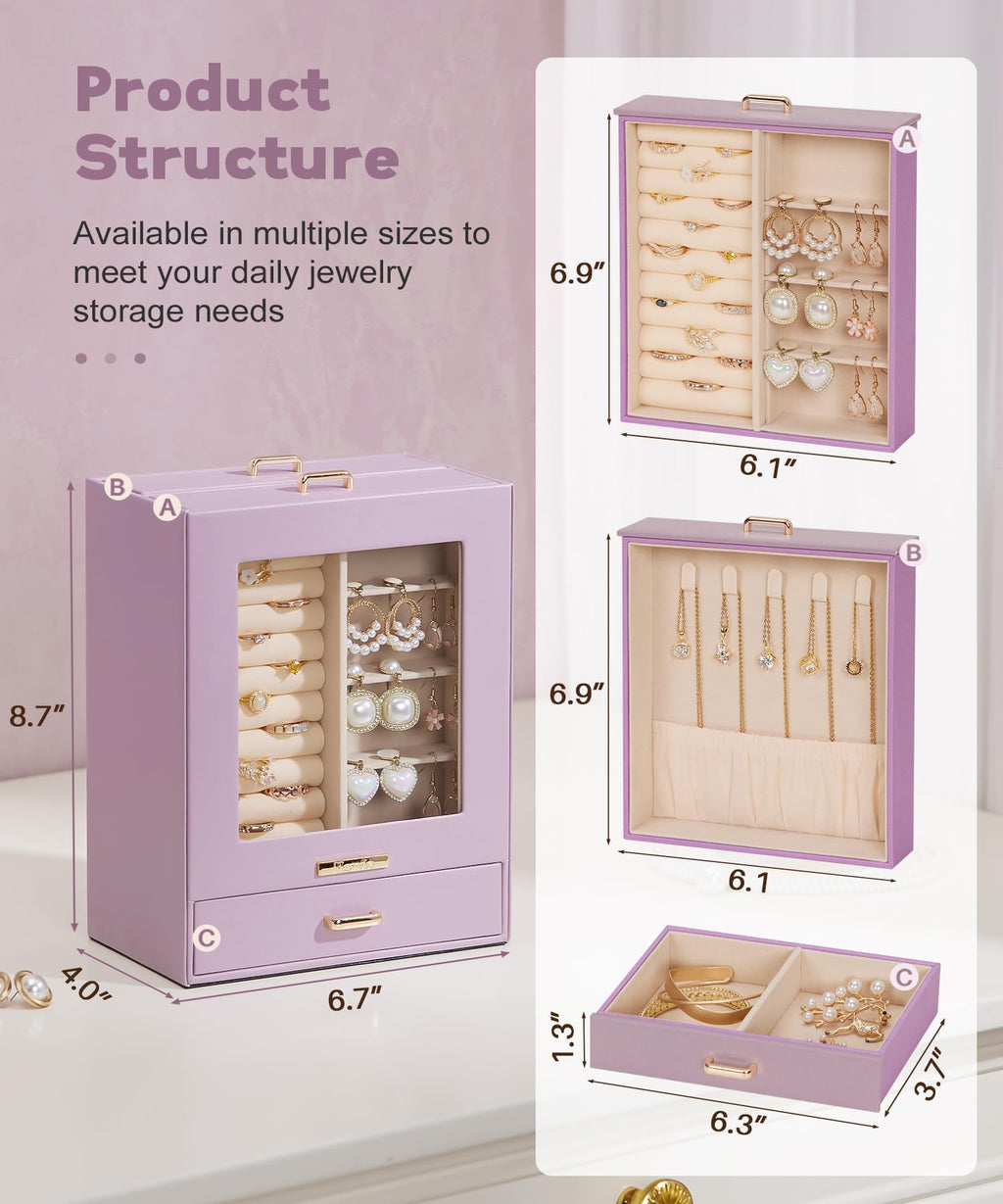 Homde Jewelry Organizer with Glass Window, 3 Drawers and Necklace Hooks-Homde