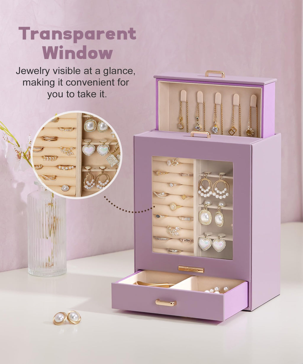 Homde Jewelry Organizer with Glass Window, 3 Drawers and Necklace Hooks-Homde
