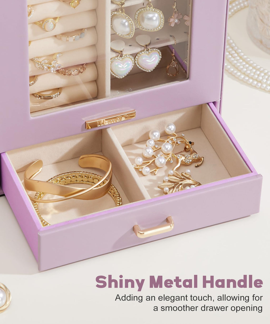Homde Jewelry Organizer with Glass Window, 3 Drawers and Necklace Hooks-Homde