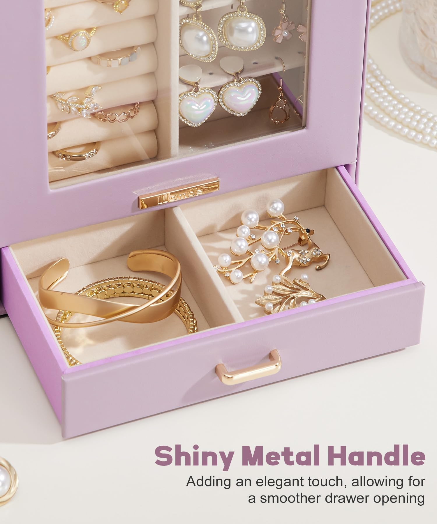 Homde Jewelry Organizer with Glass Window, 3 Drawers and Necklace Hooks-Homde