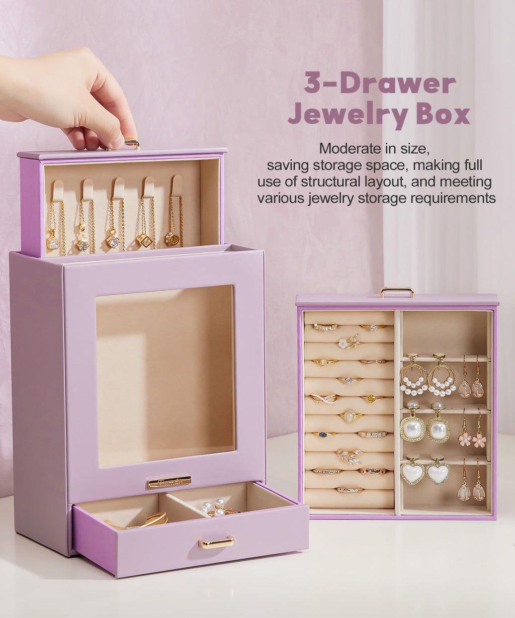 Homde Jewelry Organizer with Glass Window, 3 Drawers and Necklace Hooks-Homde