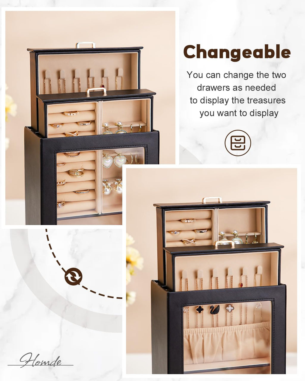 Homde Jewelry Organizer with Glass Window, 3 Drawers and Necklace Hooks-Homde