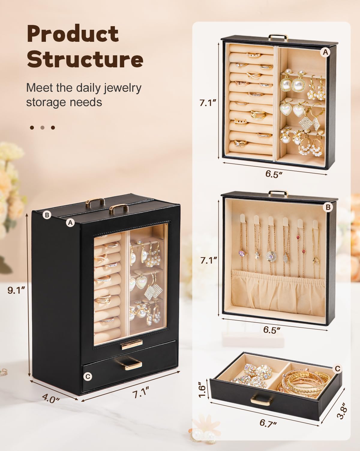 Homde Jewelry Organizer with Glass Window, 3 Drawers and Necklace Hooks-Homde