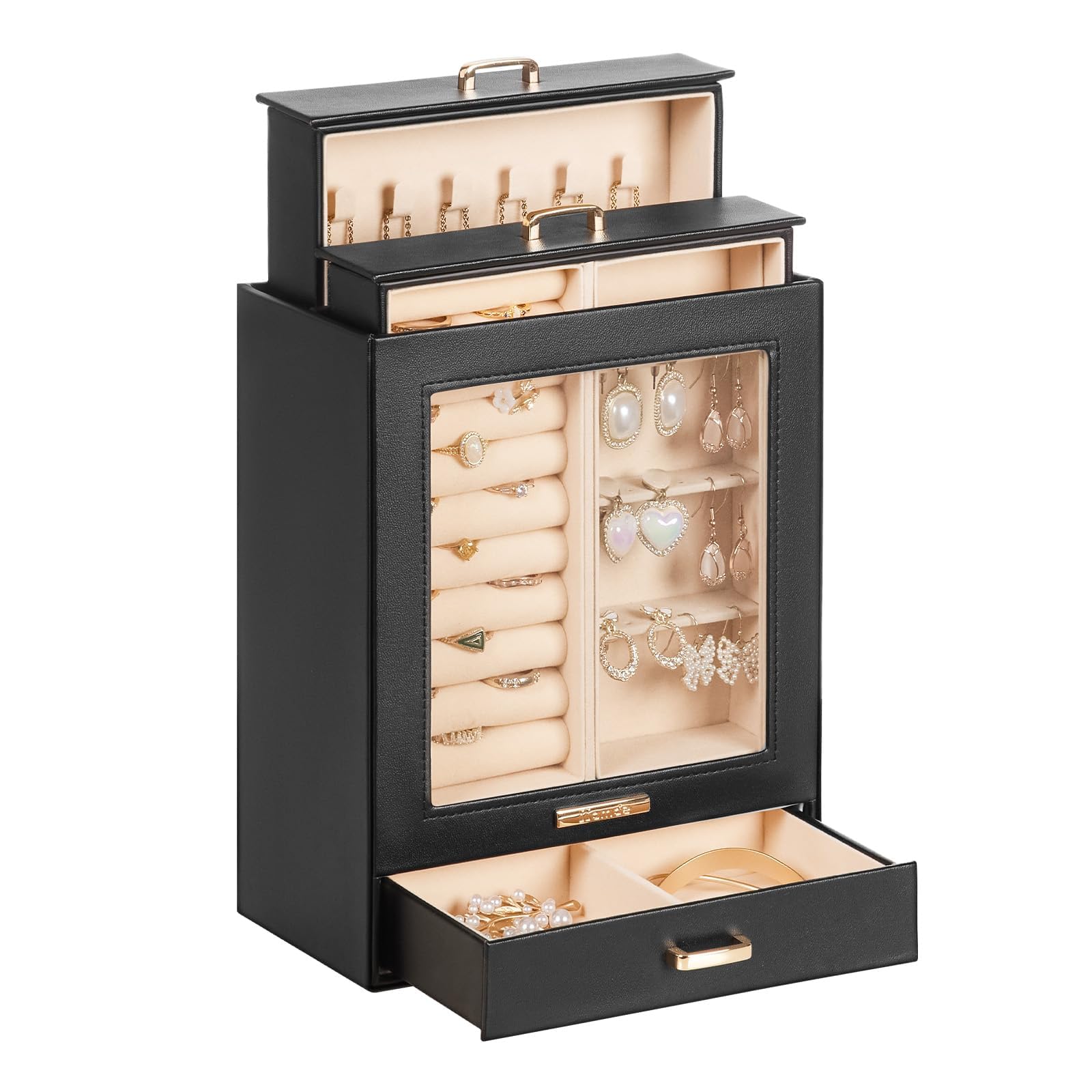 Homde Jewelry Organizer with Glass Window, 3 Drawers and Necklace Hooks-Homde