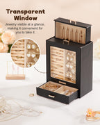 Homde Jewelry Organizer with Glass Window, 3 Drawers and Necklace Hooks-Homde