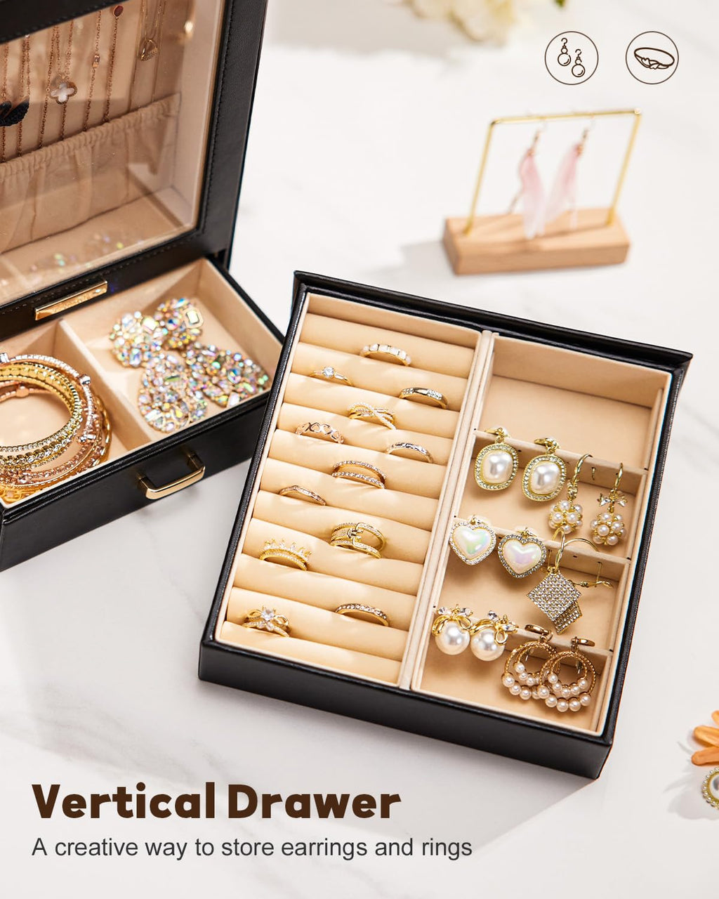 Homde Jewelry Organizer with Glass Window, 3 Drawers and Necklace Hooks-Homde