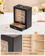 Homde Jewelry Organizer with Glass Window, 3 Drawers and Necklace Hooks-Homde