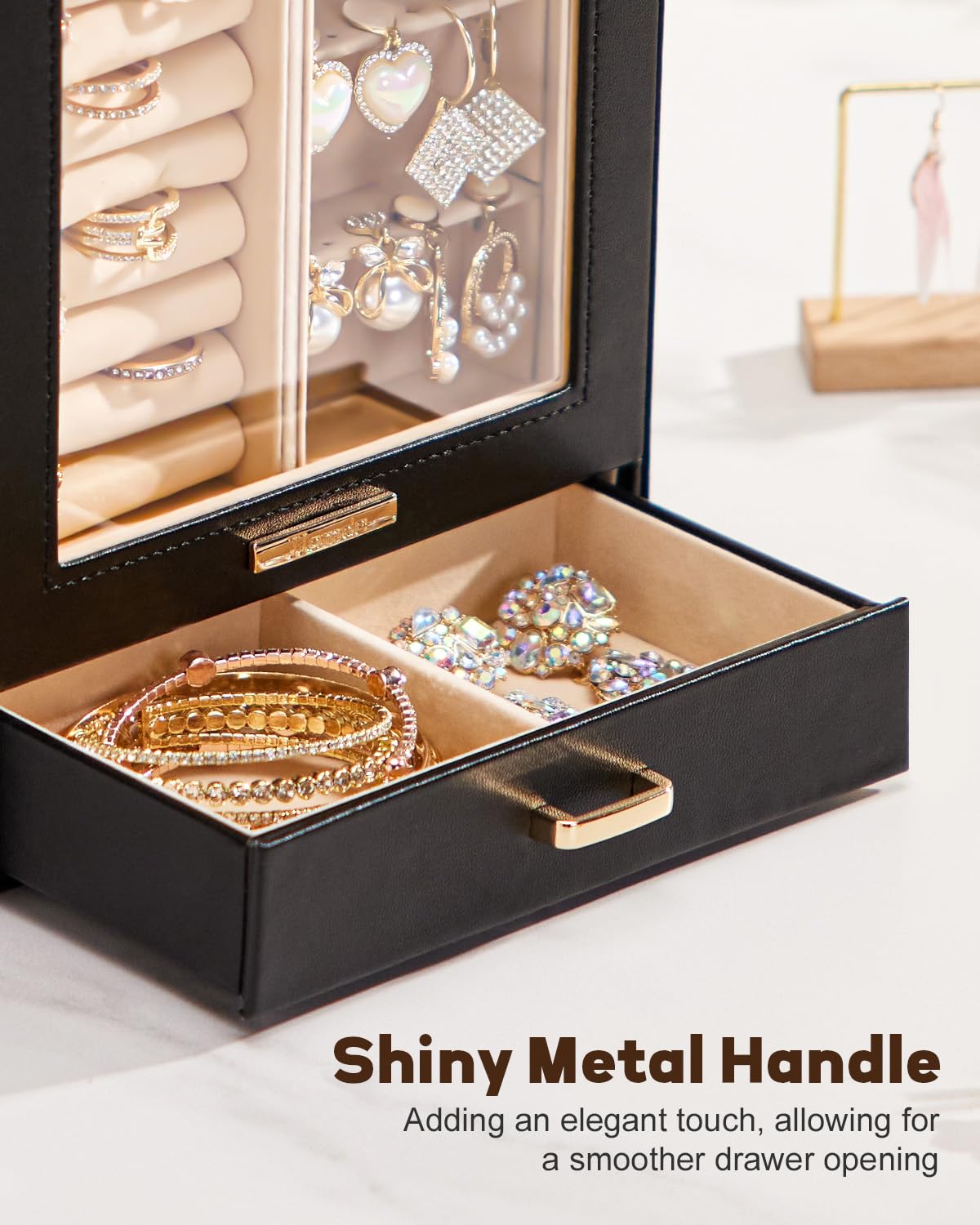 Homde Jewelry Organizer with Glass Window, 3 Drawers and Necklace Hooks-Homde
