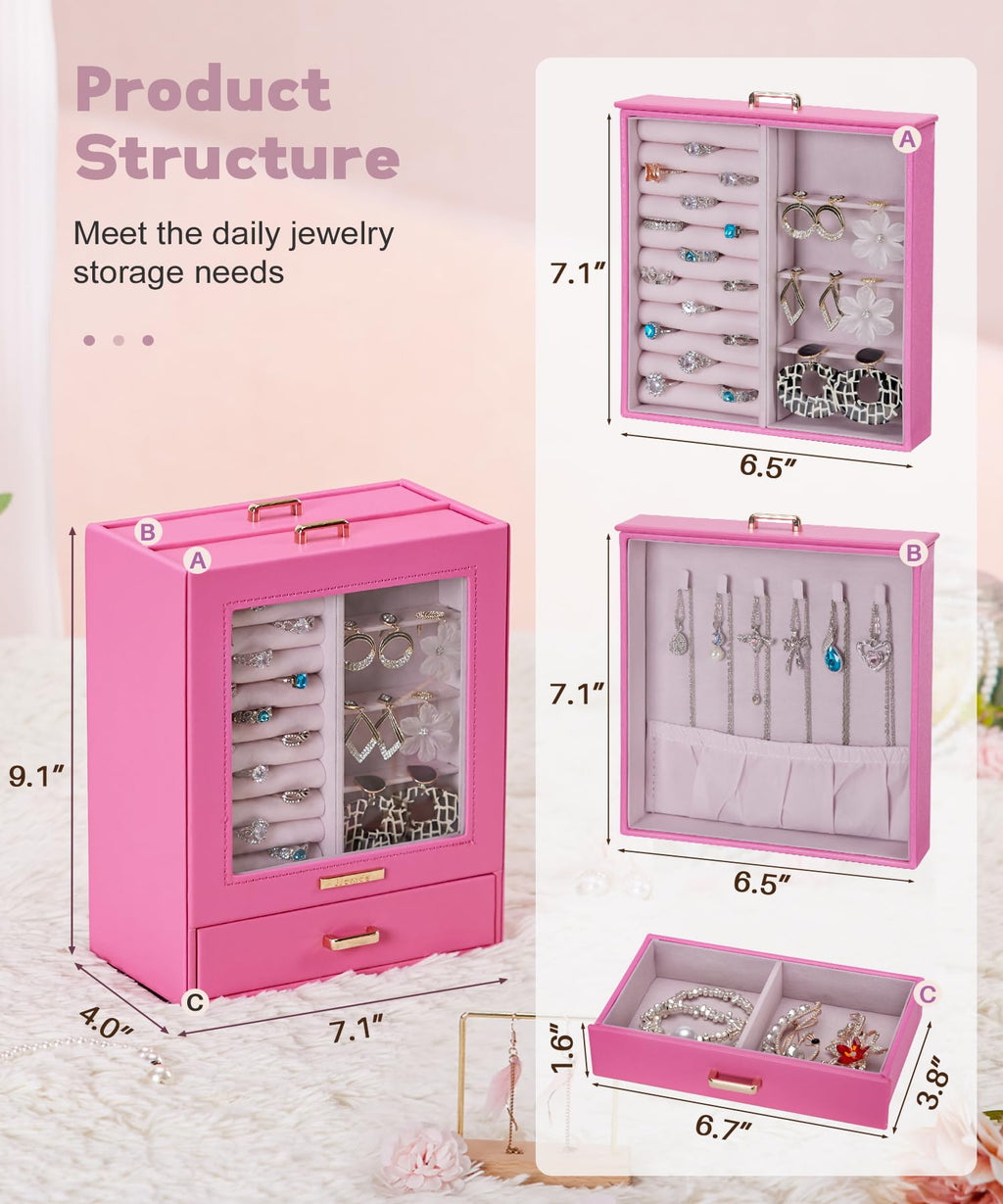 Homde Jewelry Organizer with Glass Window, 3 Drawers and Necklace Hooks-Homde