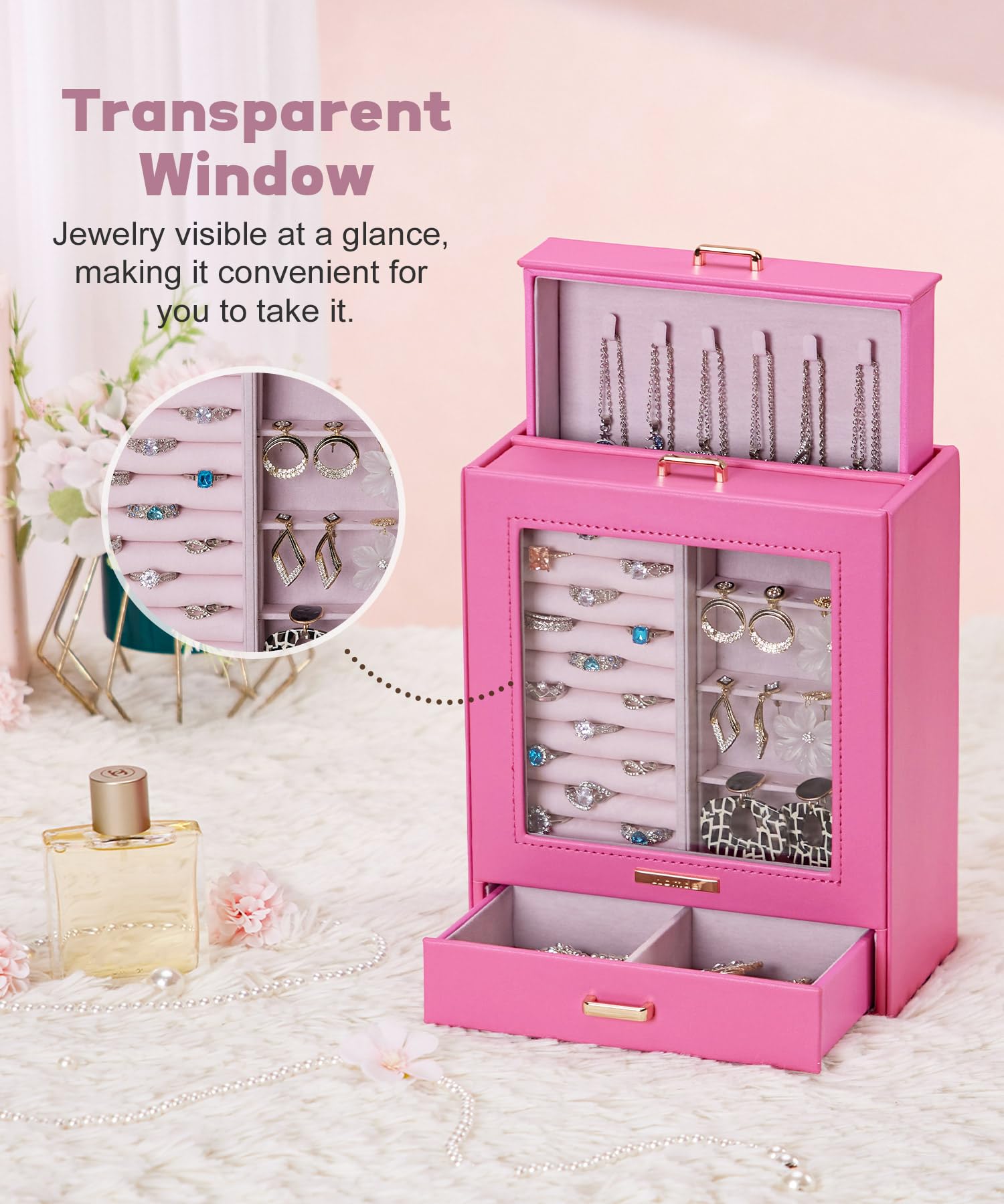 Homde Jewelry Organizer with Glass Window, 3 Drawers and Necklace Hooks-Homde