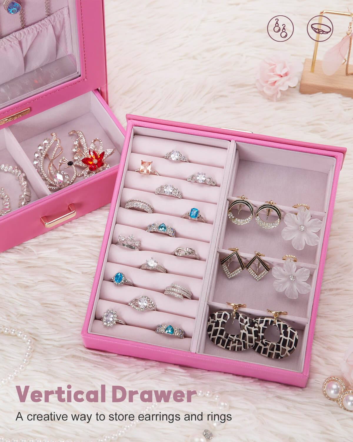 Homde Jewelry Organizer with Glass Window, 3 Drawers and Necklace Hooks-Homde