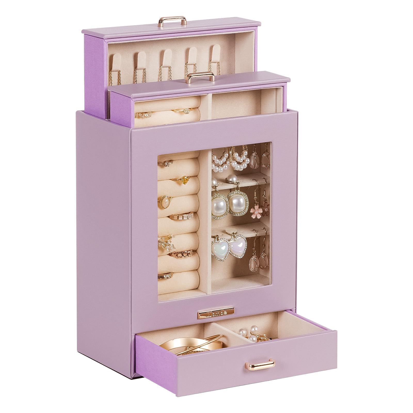 Homde Jewelry Organizer with Glass Window, 3 Drawers and Necklace Hooks-Homde