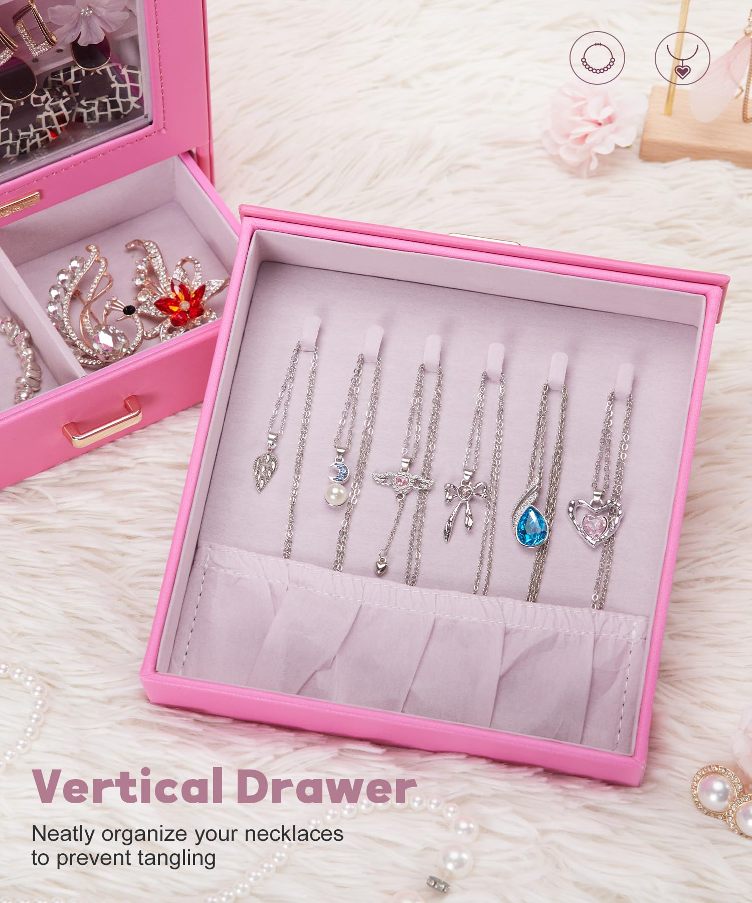 Homde Jewelry Organizer with Glass Window, 3 Drawers and Necklace Hooks-Homde