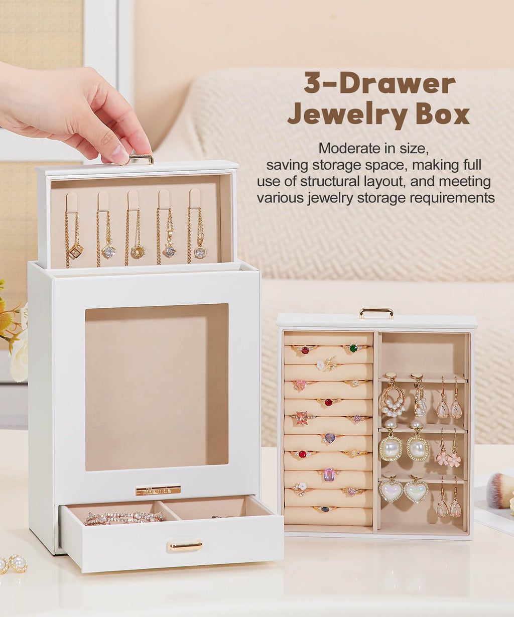 Homde Jewelry Organizer with Glass Window, 3 Drawers and Necklace Hooks-Homde