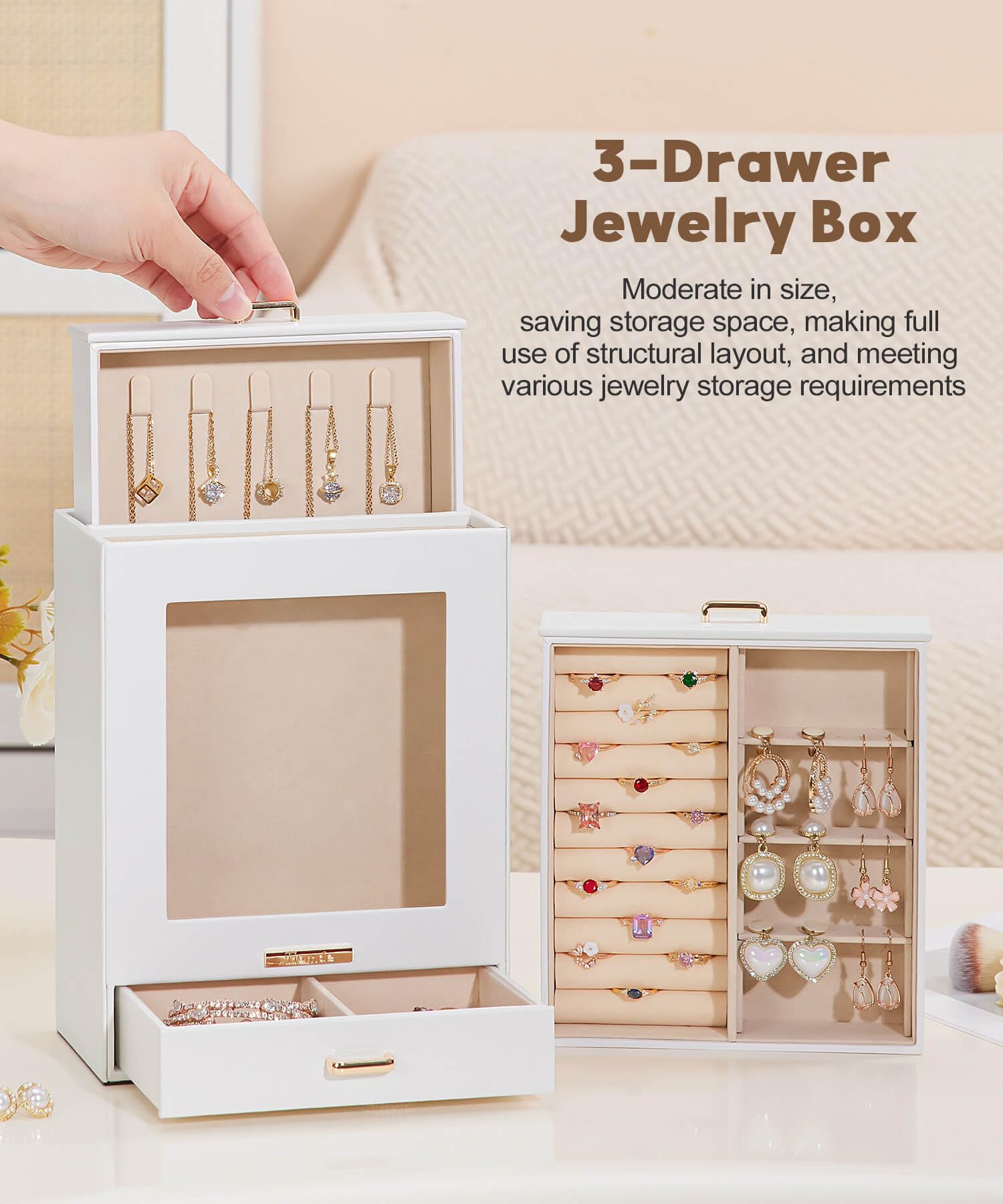 Homde Jewelry Organizer with Glass Window, 3 Drawers and Necklace Hooks-Homde