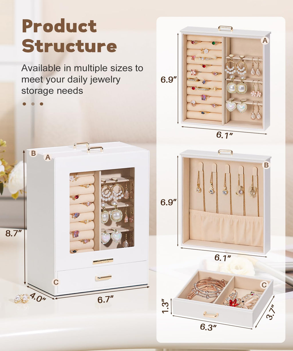 Homde Jewelry Organizer with Glass Window, 3 Drawers and Necklace Hooks-Homde
